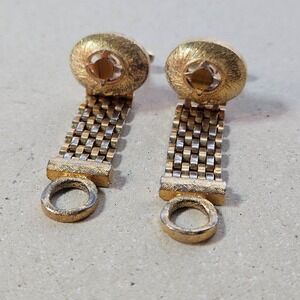 Vintage Gold Tone Mesh Wrap Around Cufflinks Tigers Eye Stone Mid Century 70s